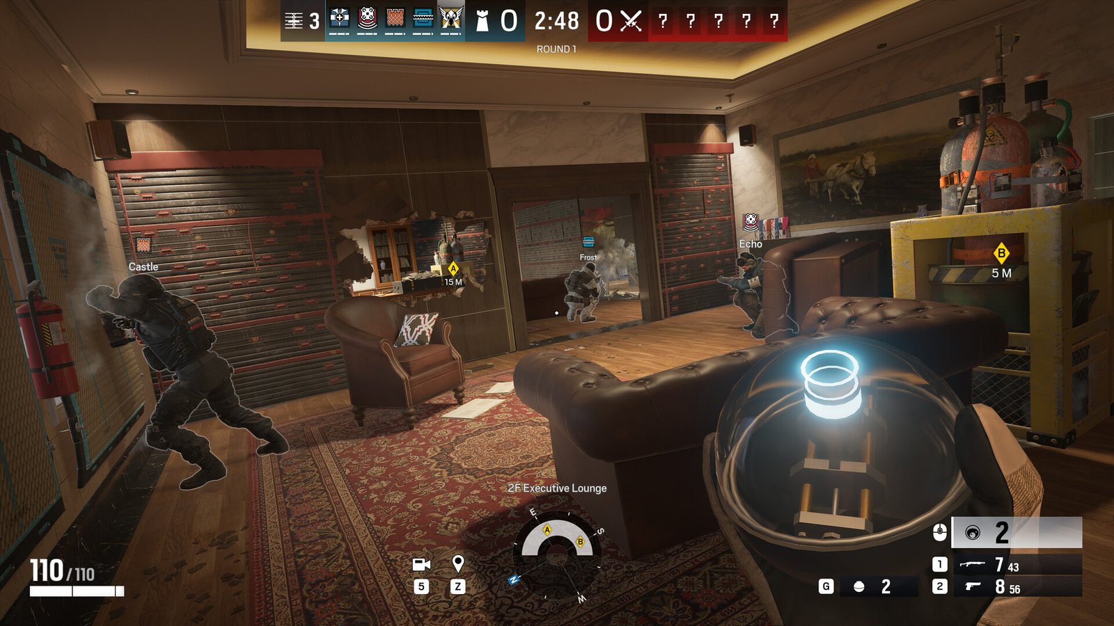 Breaking through walls and placing a gadget in Rainbow Six Siege.