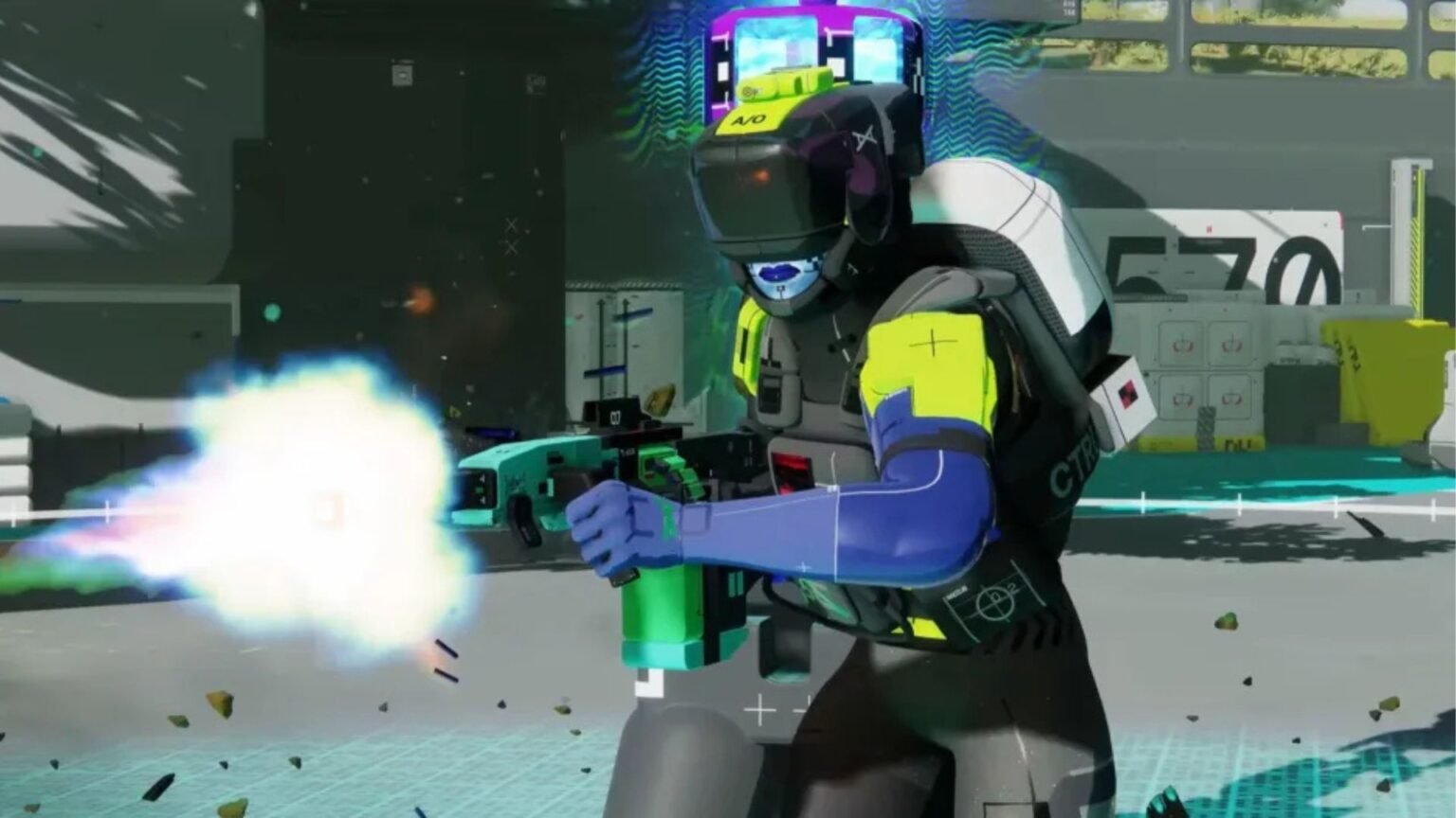 A player shooting in a Marathon trailer