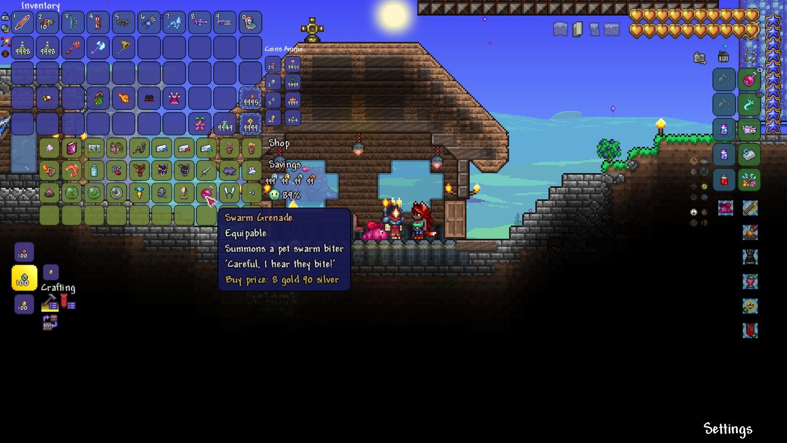 Screenshot of a player buying the Dead Cells Crossover item, the Swarm Grenade, in Terraria.