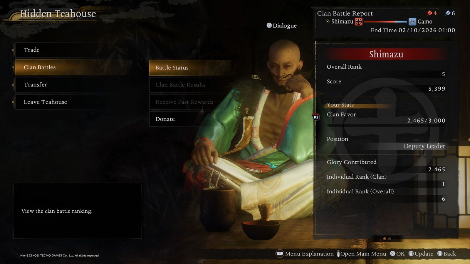 Clan Battles menu at Eternal Rest Nioh 3