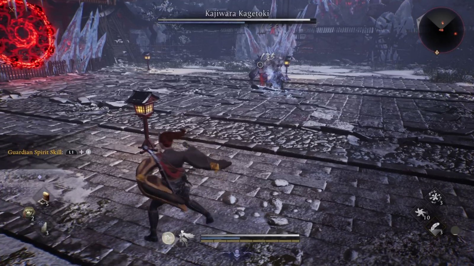 Companion doing damage to Kajiwara Kagetoki in Nioh 3