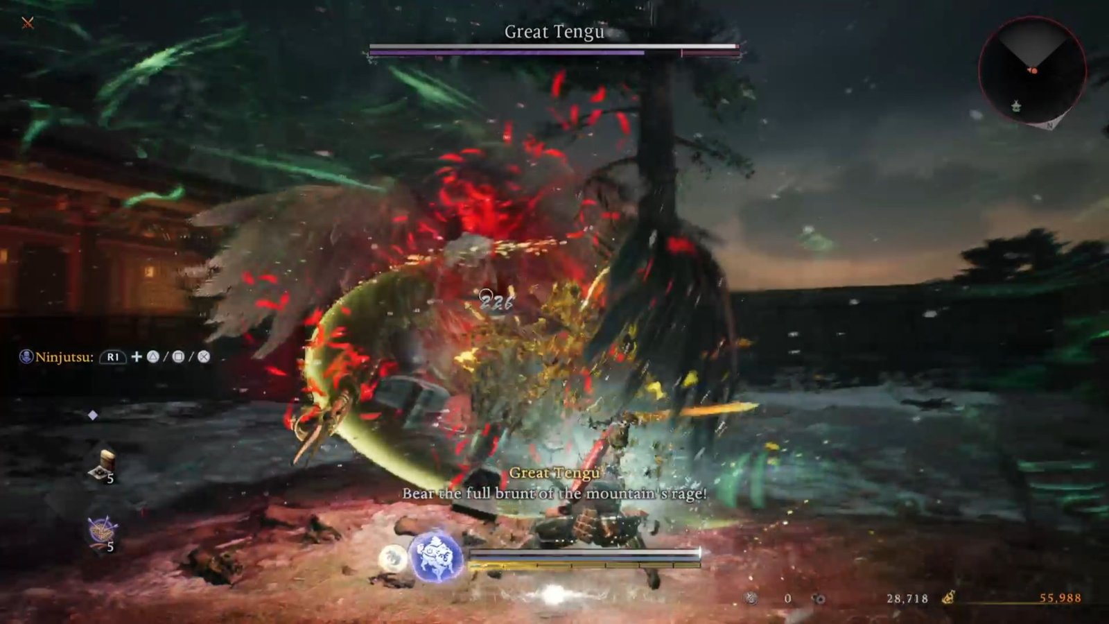 Countering a burst attack from Great Tengu in Nioh 3