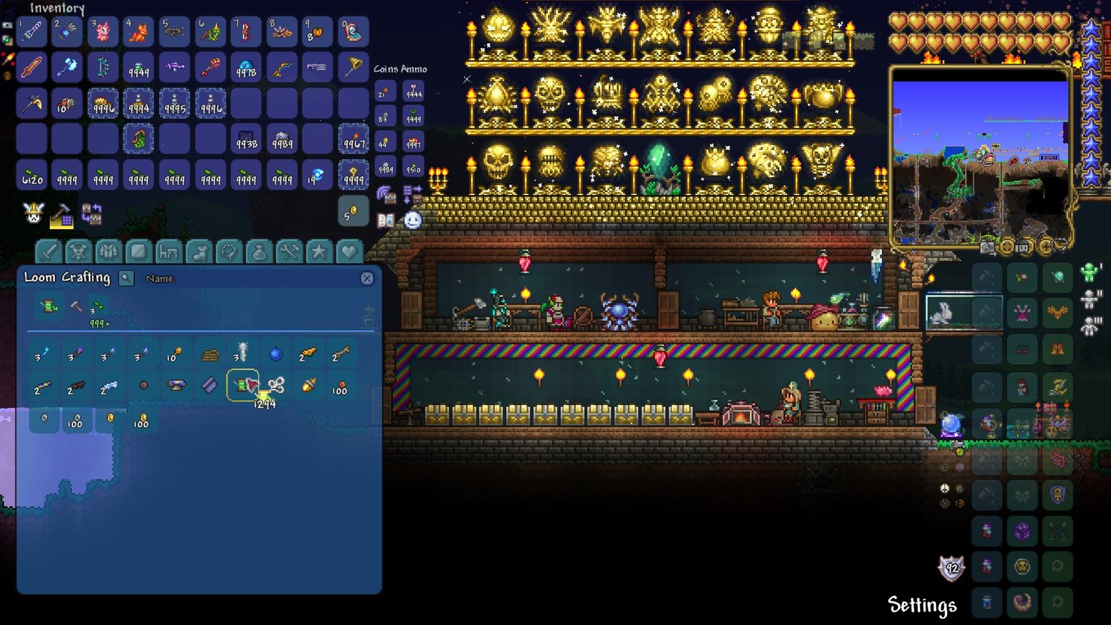 Screenshot of a player crafting thousands of Green Thread in Terraria 1.4.5.