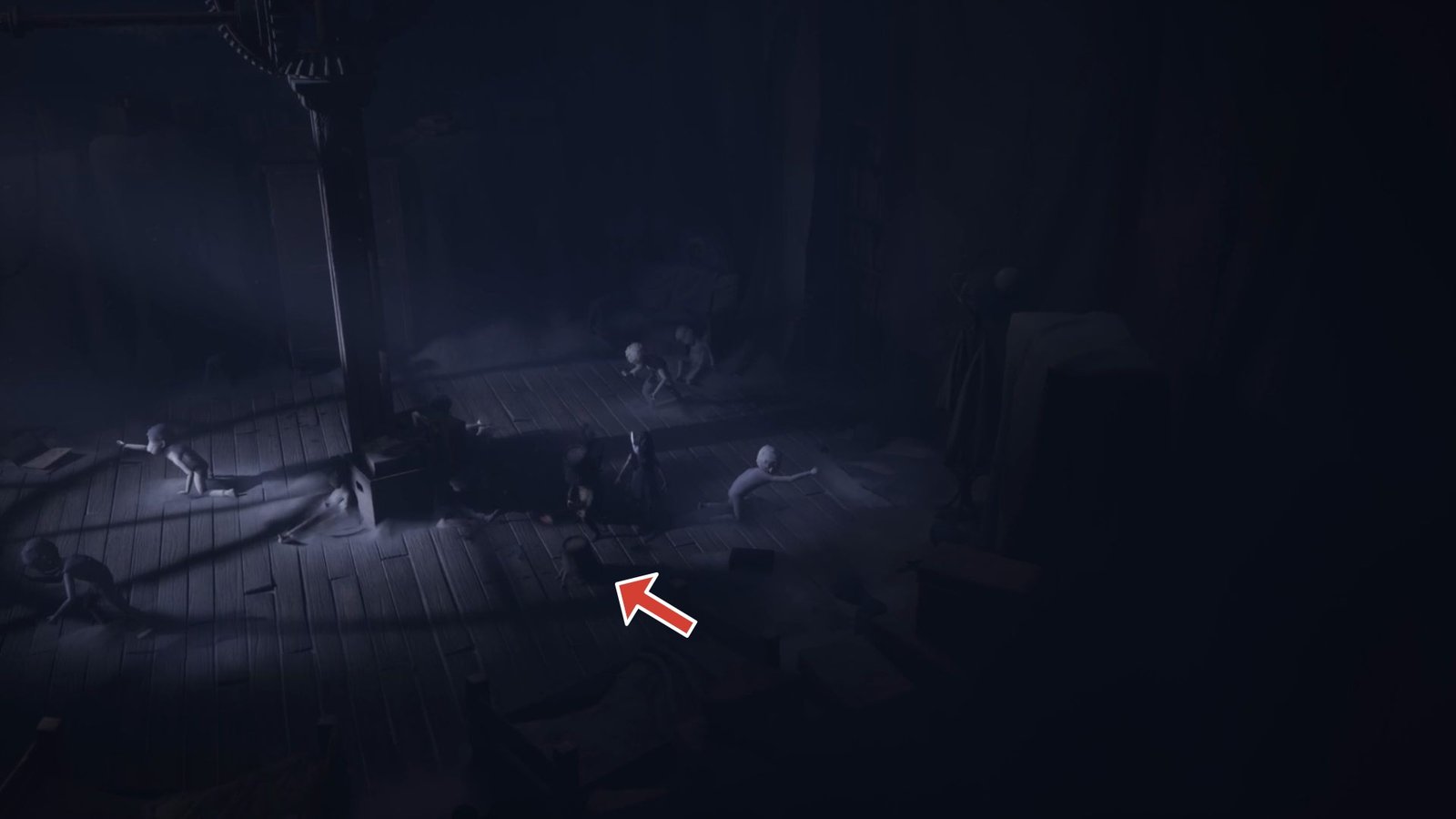 Arrow pointing to the critter in the Clock Tower in Reanimal