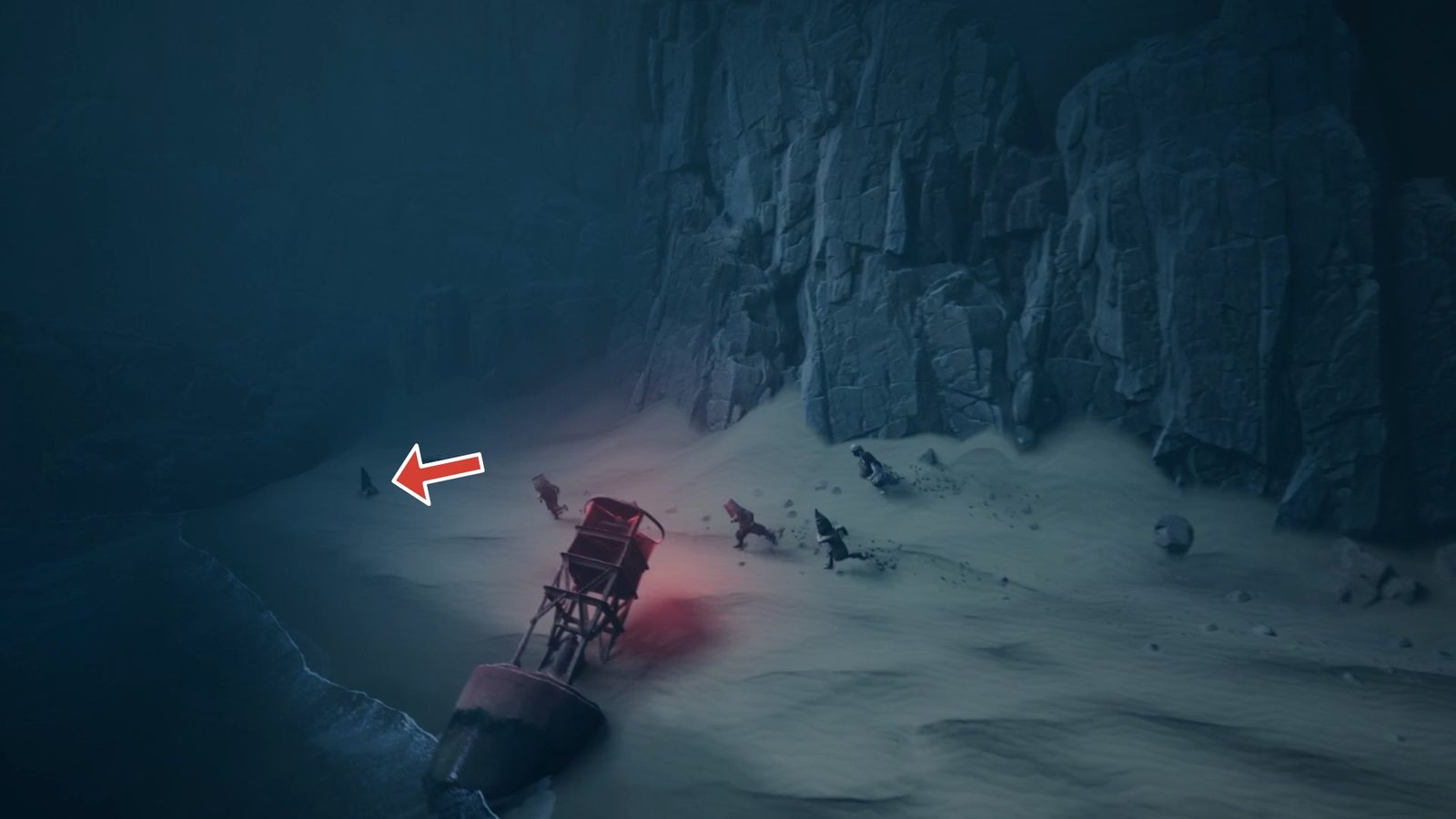 Arrow pointing to a critter located on the beach Reanimal