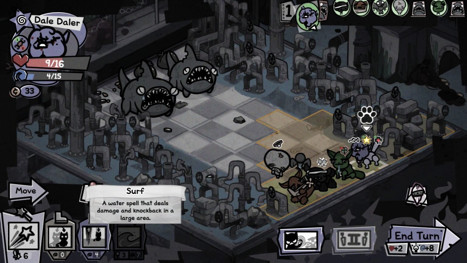 Two large sharks corner a party of cats in Mewgenics