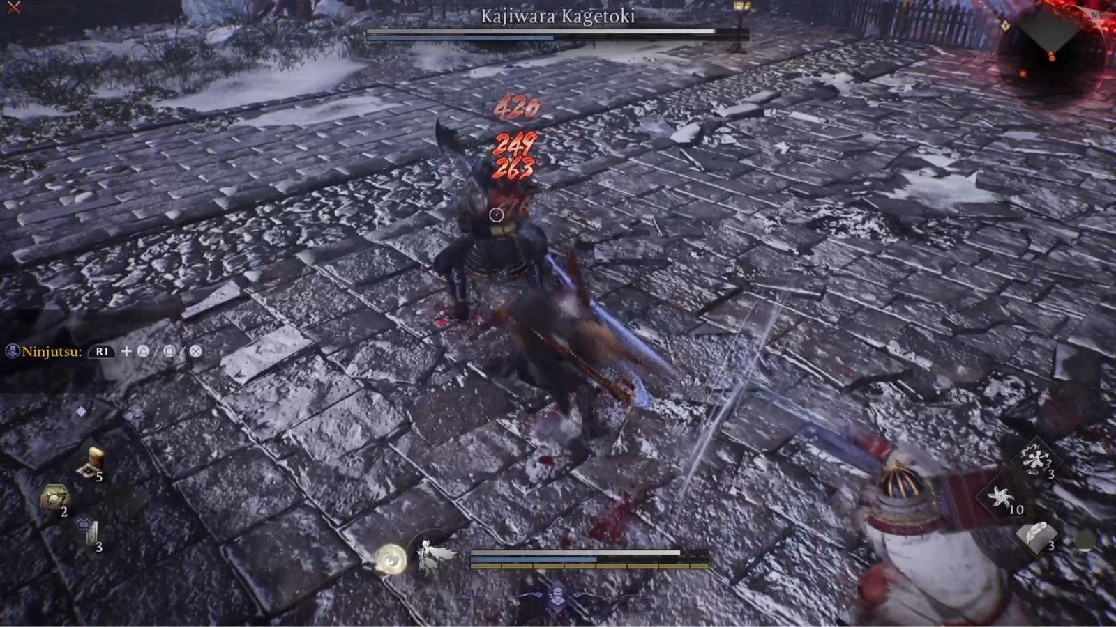 Dealing damage to Kajiwara Kagetoki in Nioh 3