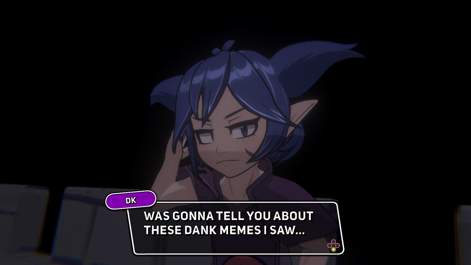 Screenshot of Demon Tides, with Beebs listening to DK saying he "Was gonna tell you about these dank memes I saw..."