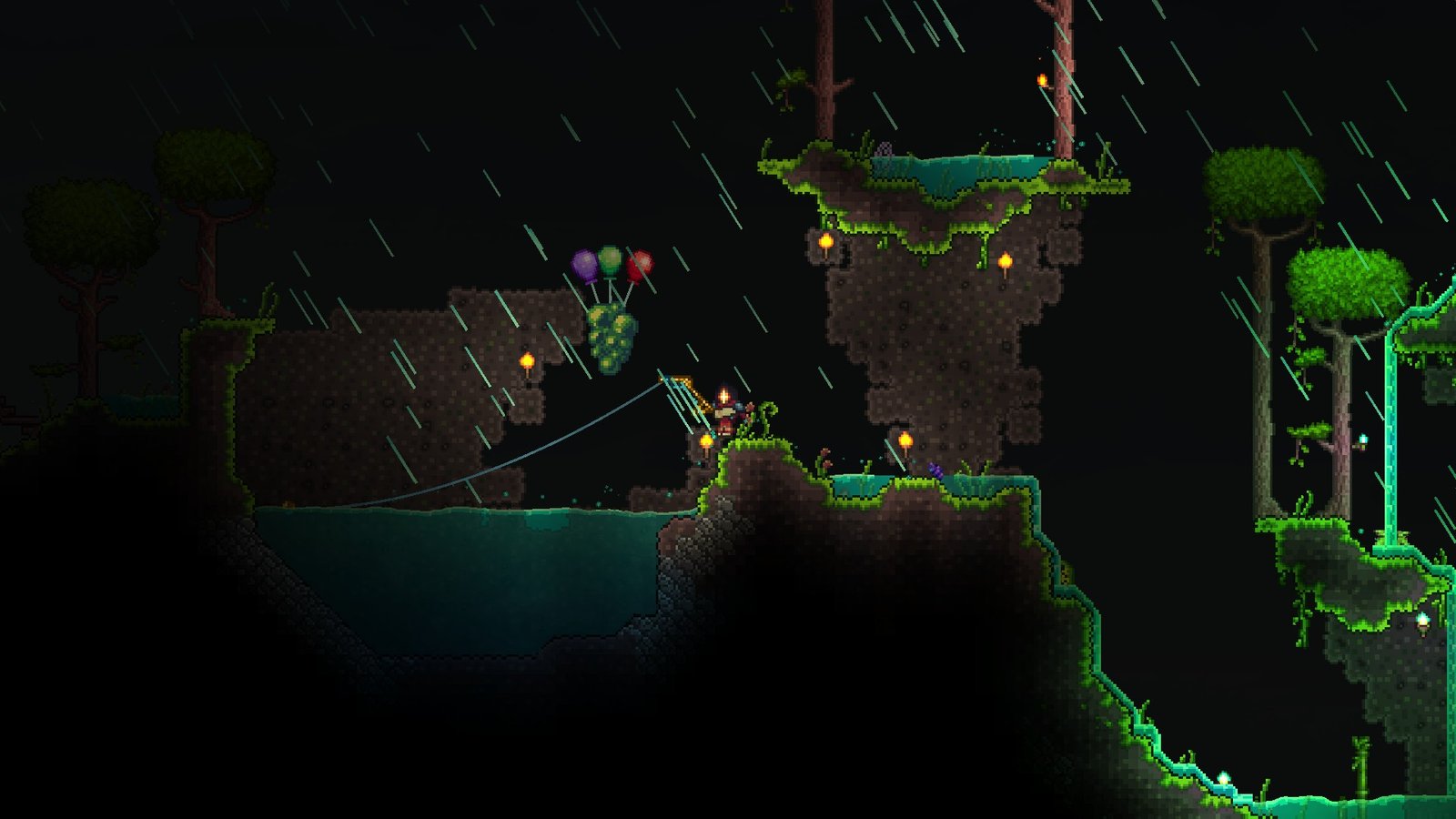 Screenshot of a Terraria player using the Barnacle Staff from the Dead Cells Crossover while fishing.