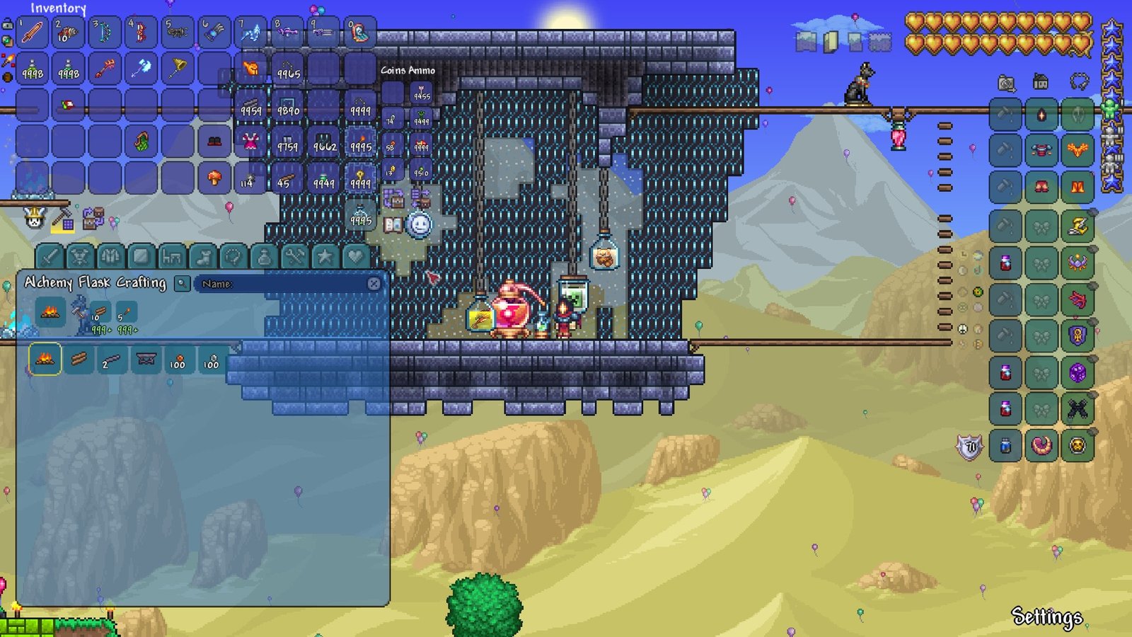 Screenshot of a player using the Alchemy Flask in Terraria, an item added with the Dead Cells Crossover.