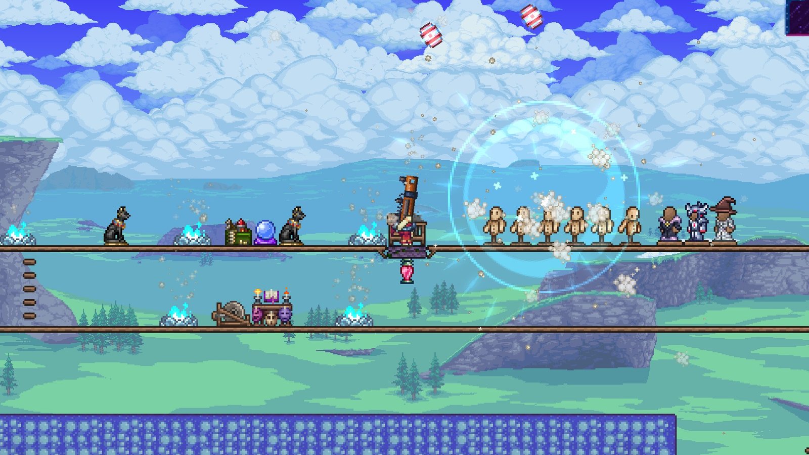 Screenshot of a Terraria player using the Barrel Launcher from the Dead Cells Crossover.