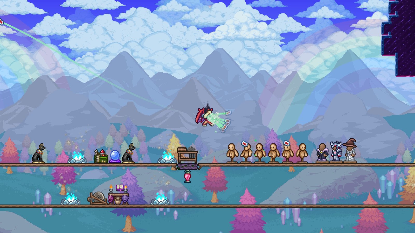 Screenshot of a Terraria player using the Killing Deck from the Dead Cells Crossover on some Target Dummies.