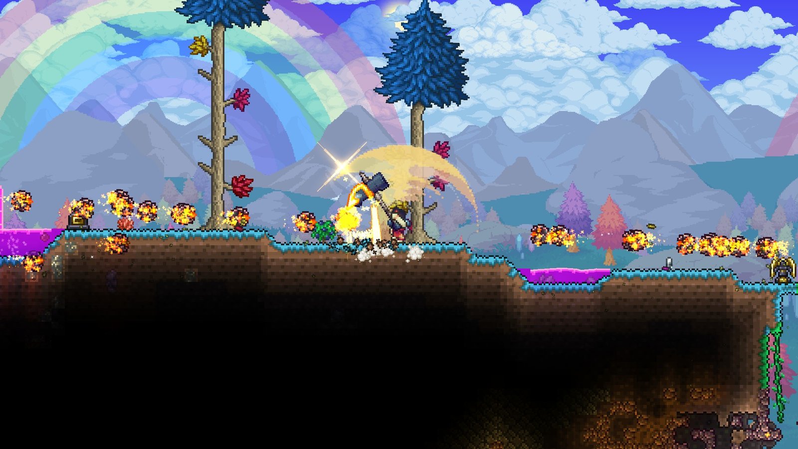 Screenshot of a Terraria player using the Flint from the Dead Cells Crossover on a horde of meteor heads.