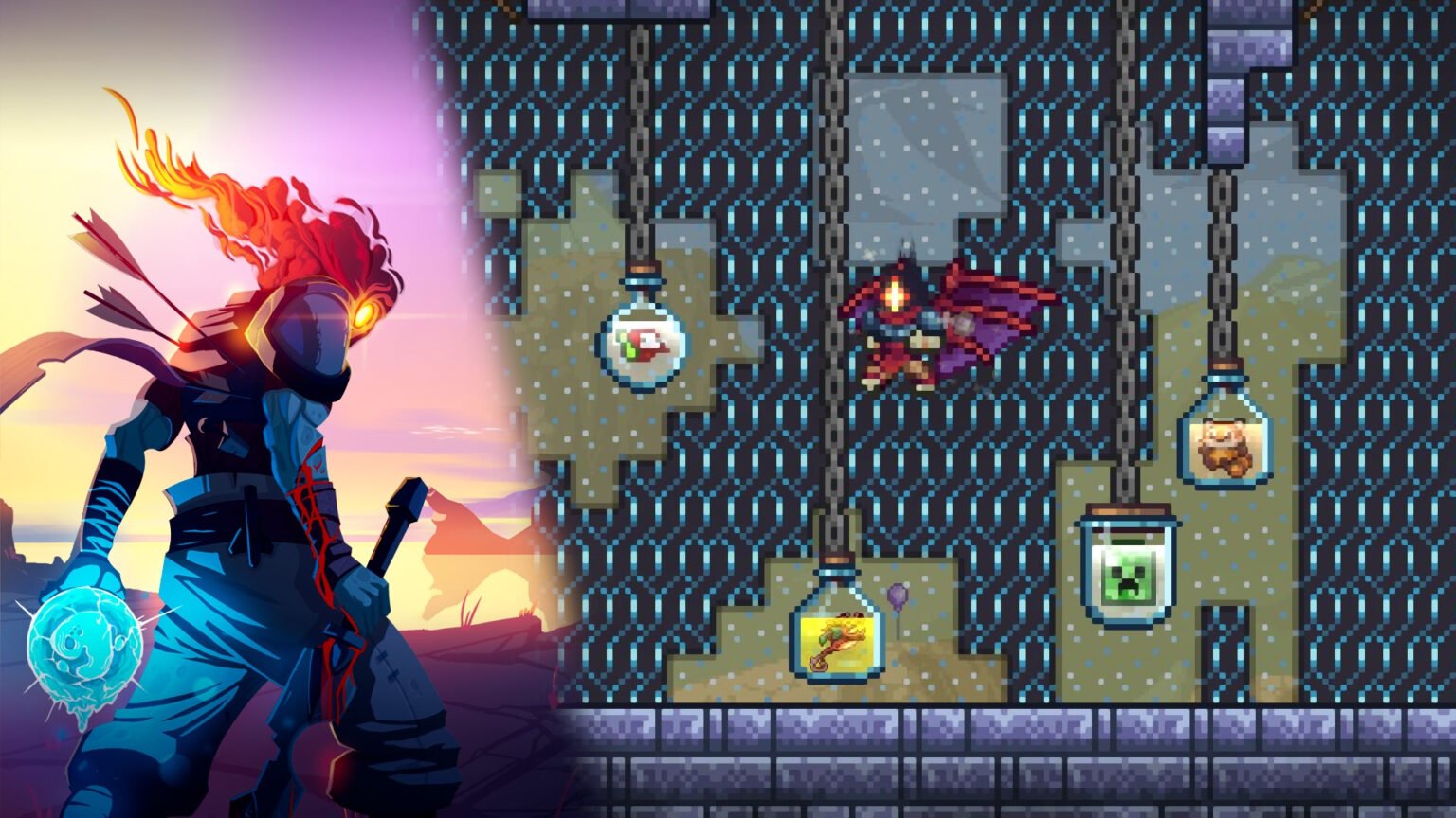 Screenshot of Dead Cells items in Terraria next to Key Art of Dead Cells.