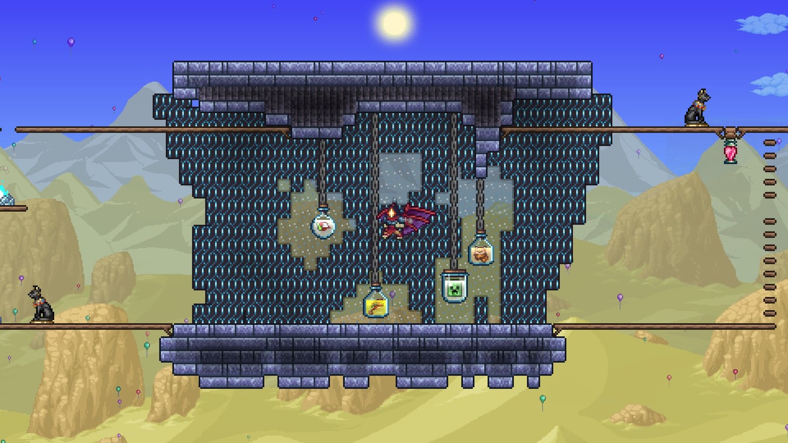 Screenshot of a player having hung up items in the Item Flasks in Terraria as part of the Dead Cells Crossover.