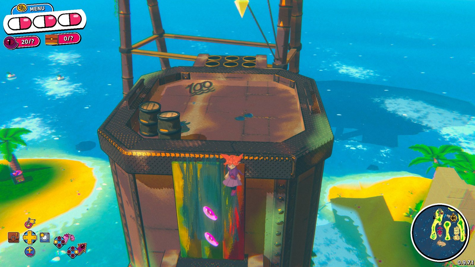 Screenshot of Demon Tides, with Beebs sliding off a ledge to grab some Eyetems.