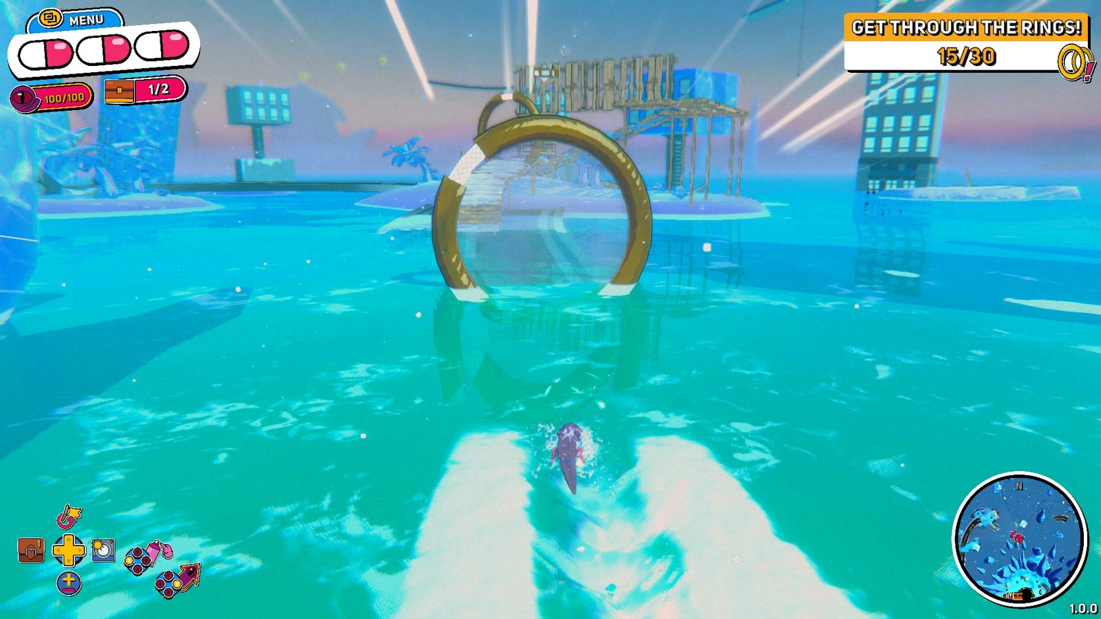 Screenshot of a challenge in Snake Form in Demon Tides, getting through 15/30 rings in the sea.