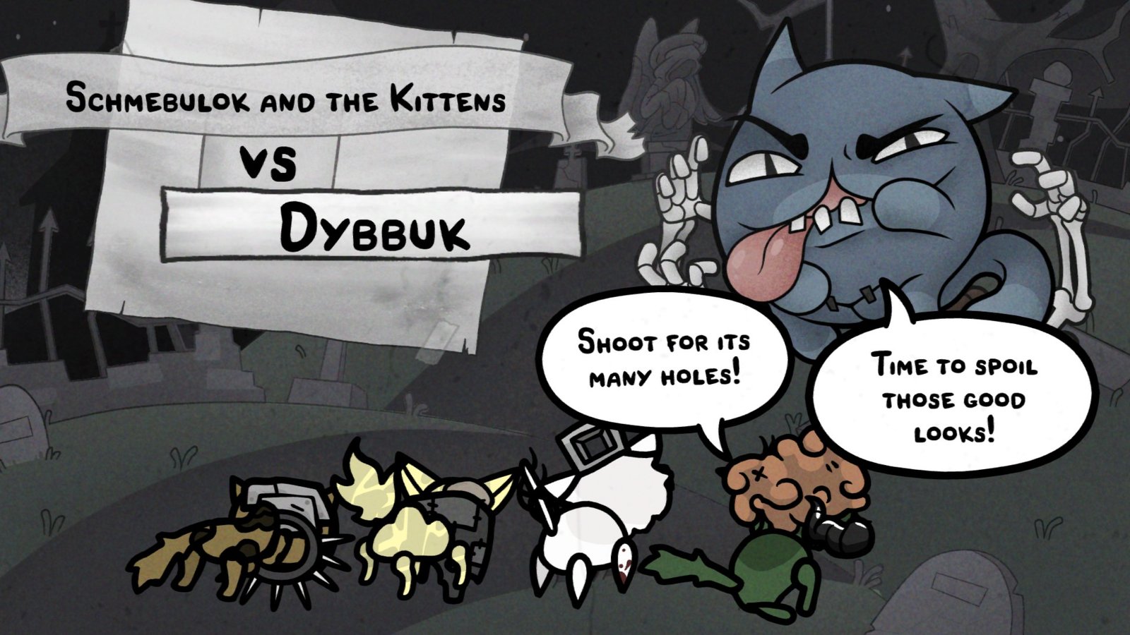 The Dybbuk boss screen in Mewgenics