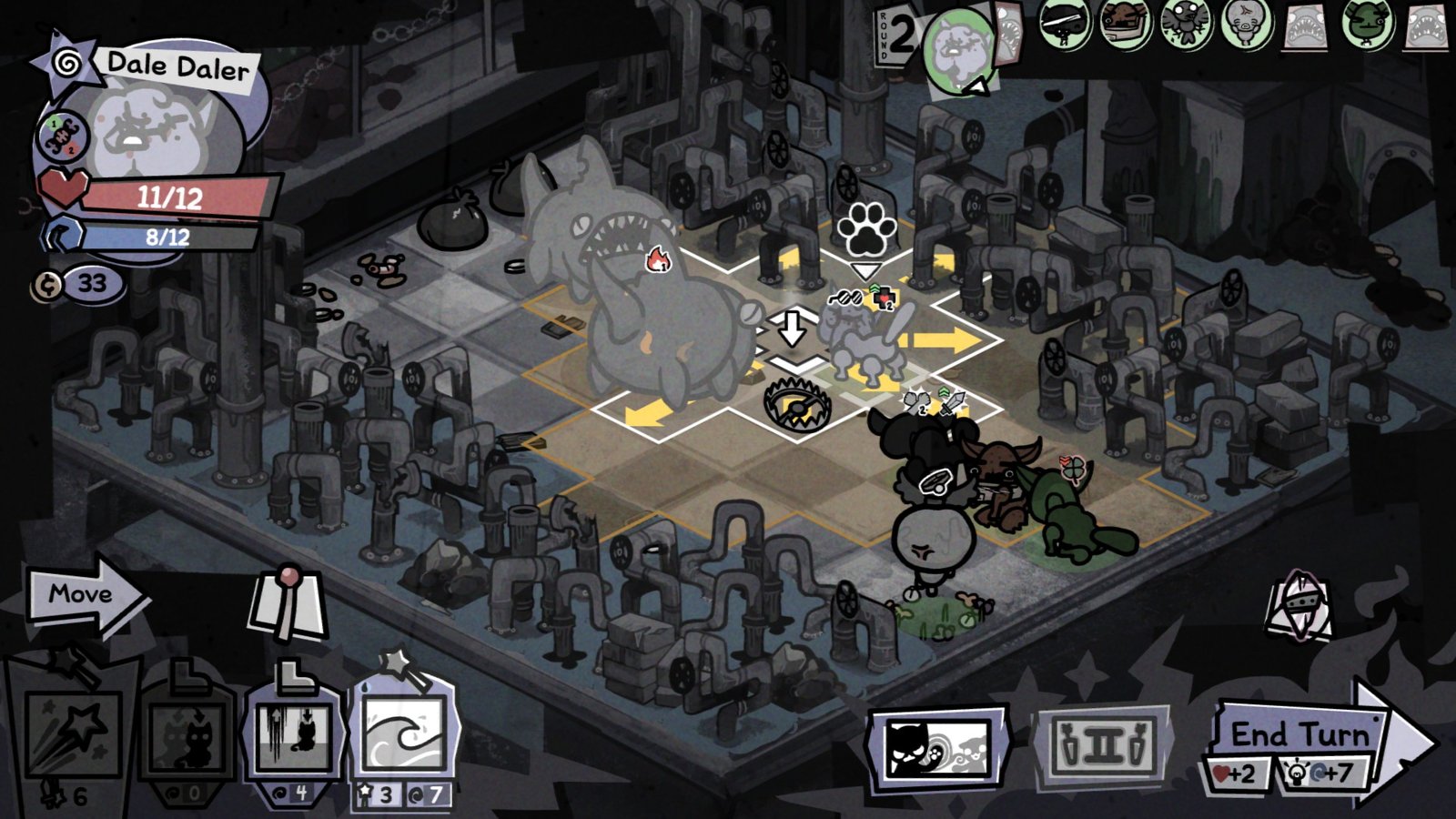 Mewgenics cats using traps and knockback to fend off the shark