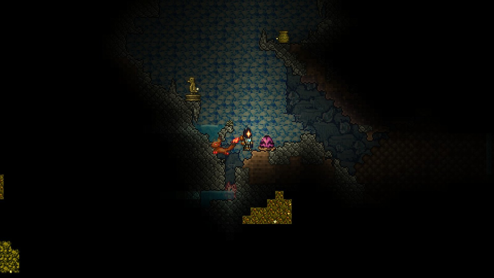 Screenshot of a Terraria player locating a Huge Dragon Egg from Palworld in the Underground.