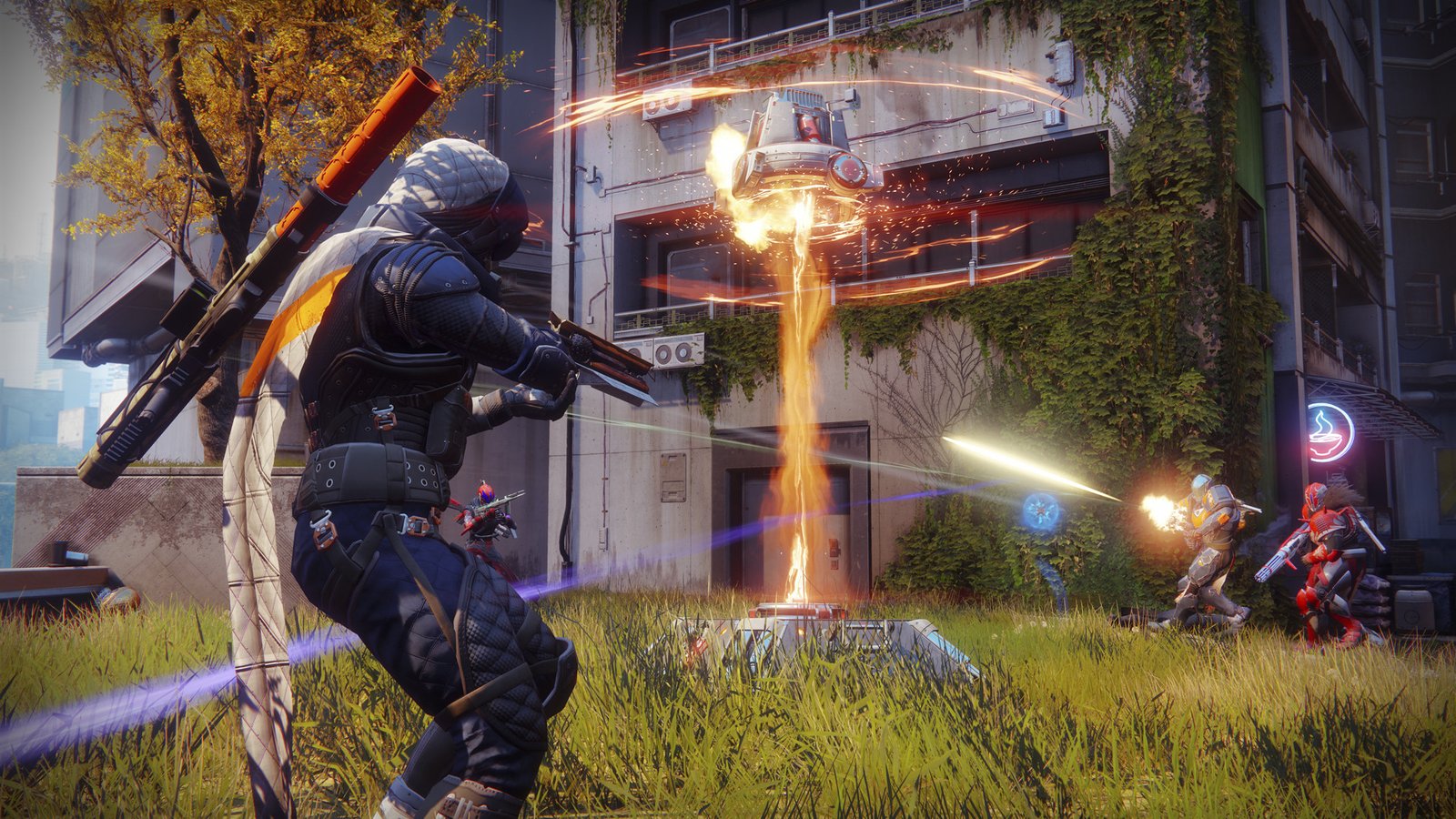 Firing a gun at other plays in Destiny 2.