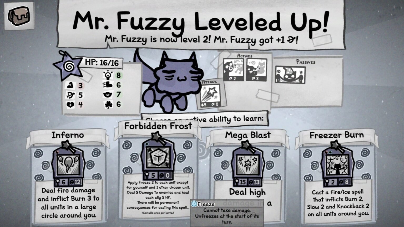 The Forbidden Frost spell in the levelup menu in Mewgenics