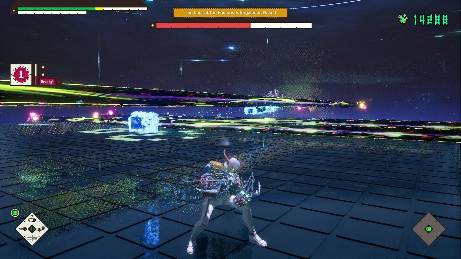Romeo dodging lasers during the final boss of Romeo is a Dead Man
