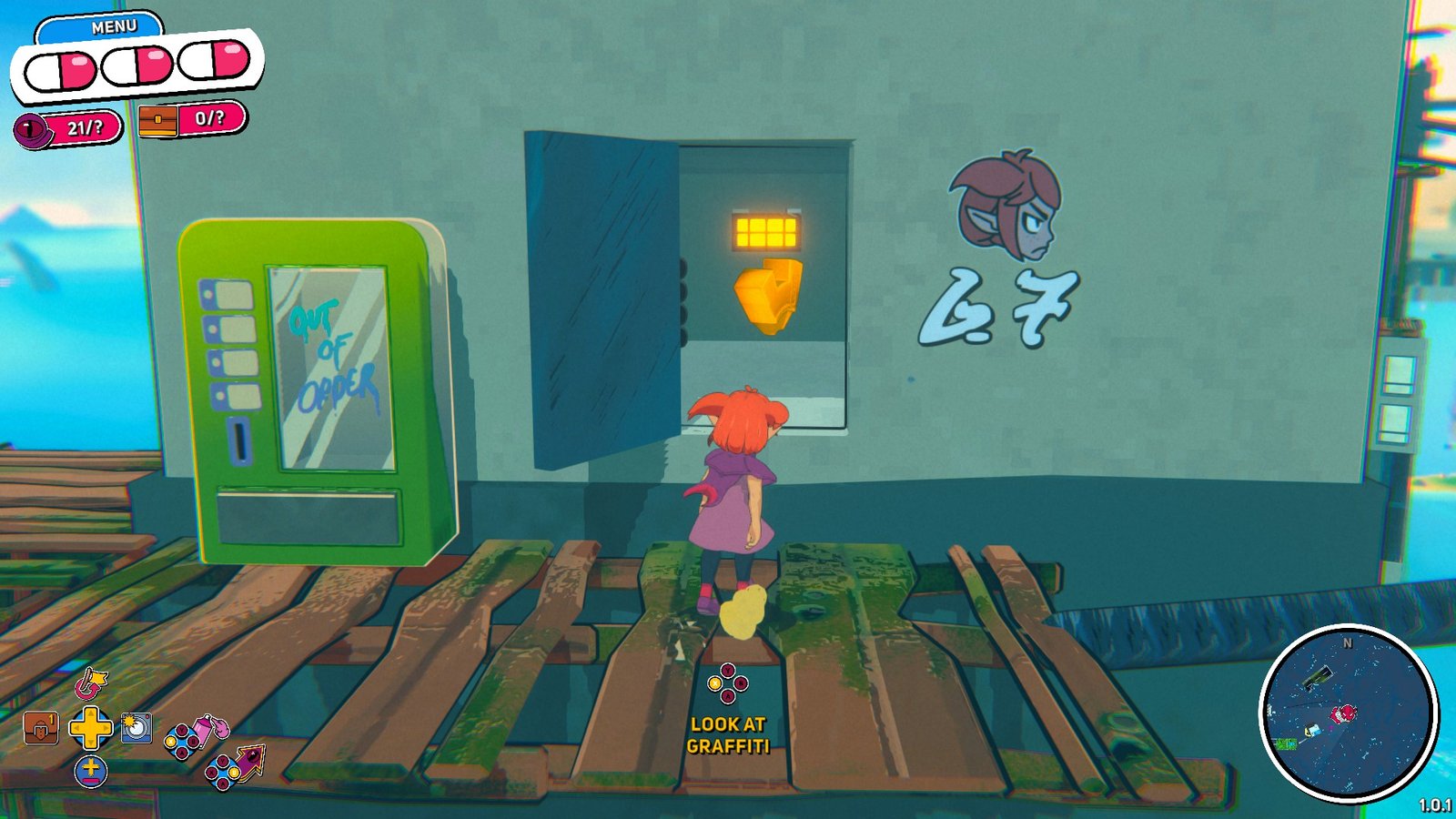 Getting to the Second Gear in a building in the Sunken Neighborhood, next to some very bad graffiti in Demon Tides.