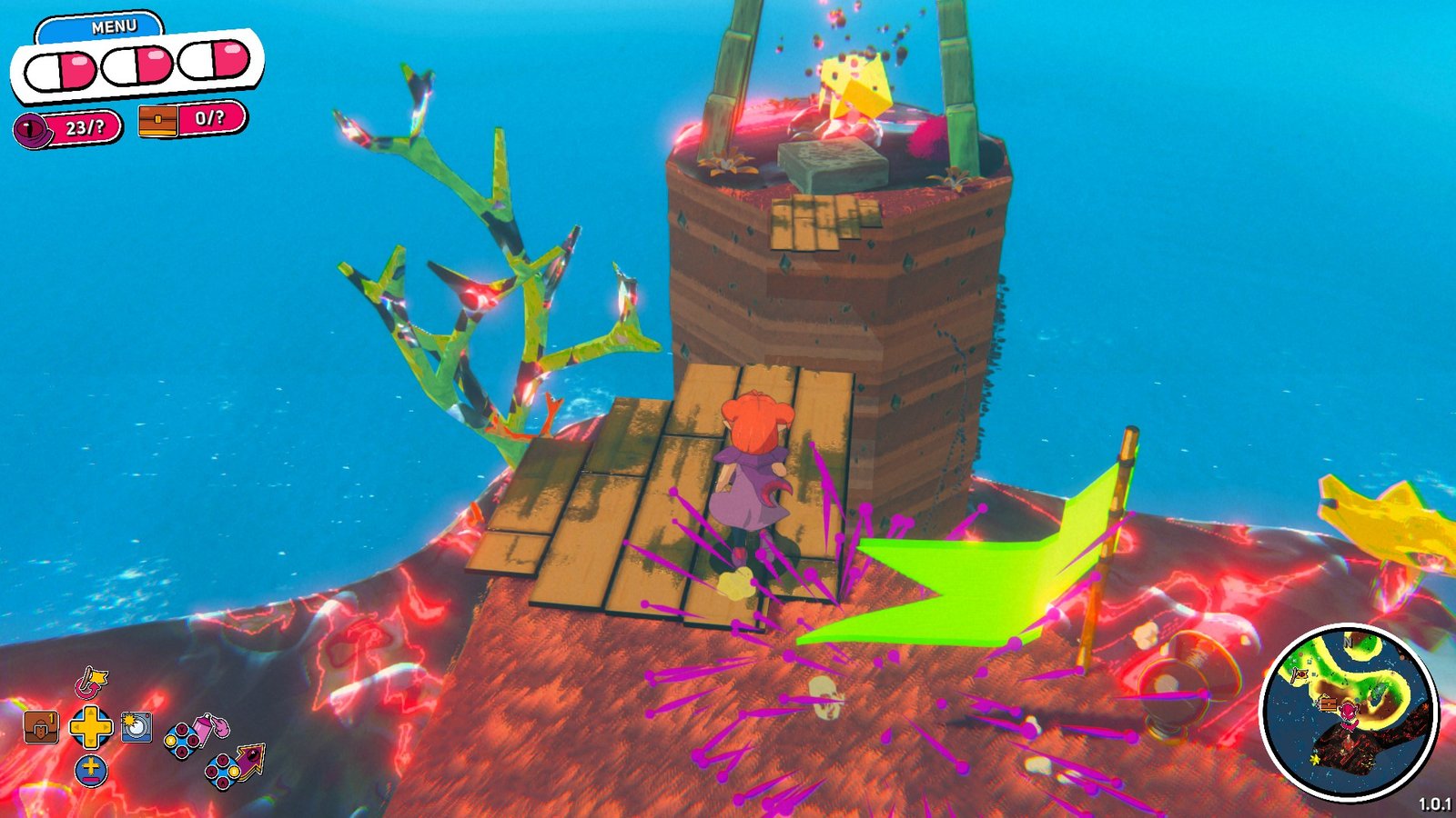 Jumping towards the goop-covered crystal on the Split Islands in Demon Tides.