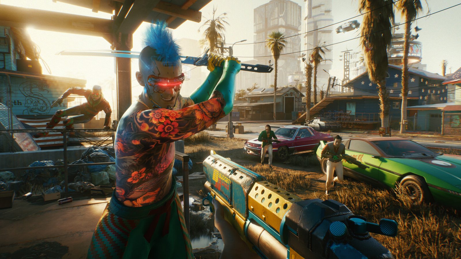 Holding a gun while being attacked by someone wielding a sword in Cyberpunk 2077.