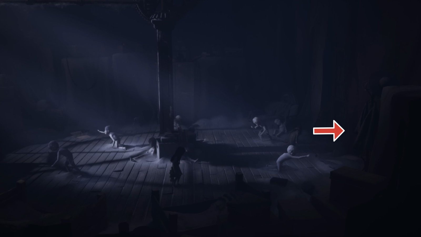 Arrow pointing to a hole in the wall in the Clock Tower in Reanimal