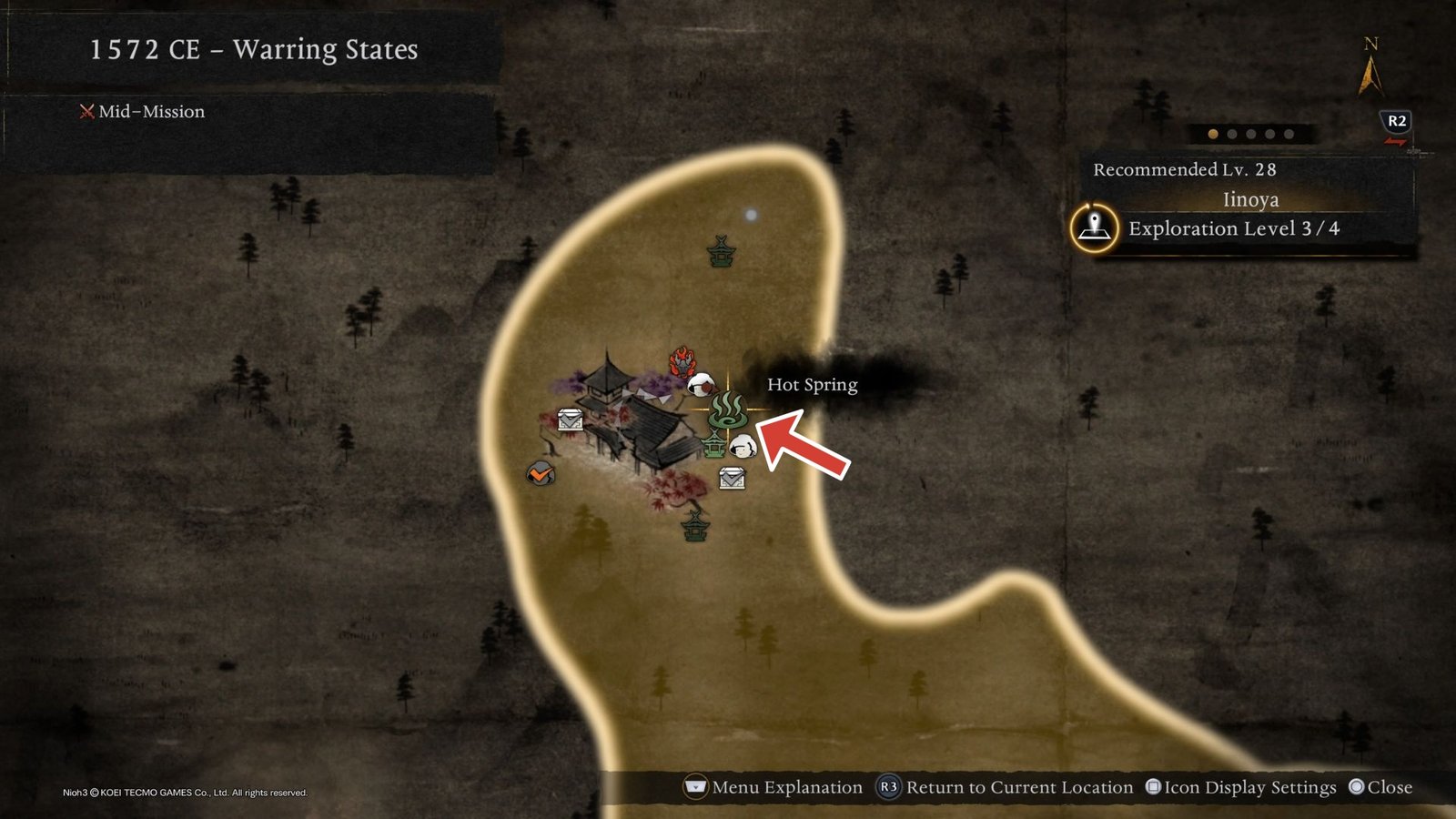 Arrow pointing to the hot spring in Apparation of Ryotan Temple Nioh 3