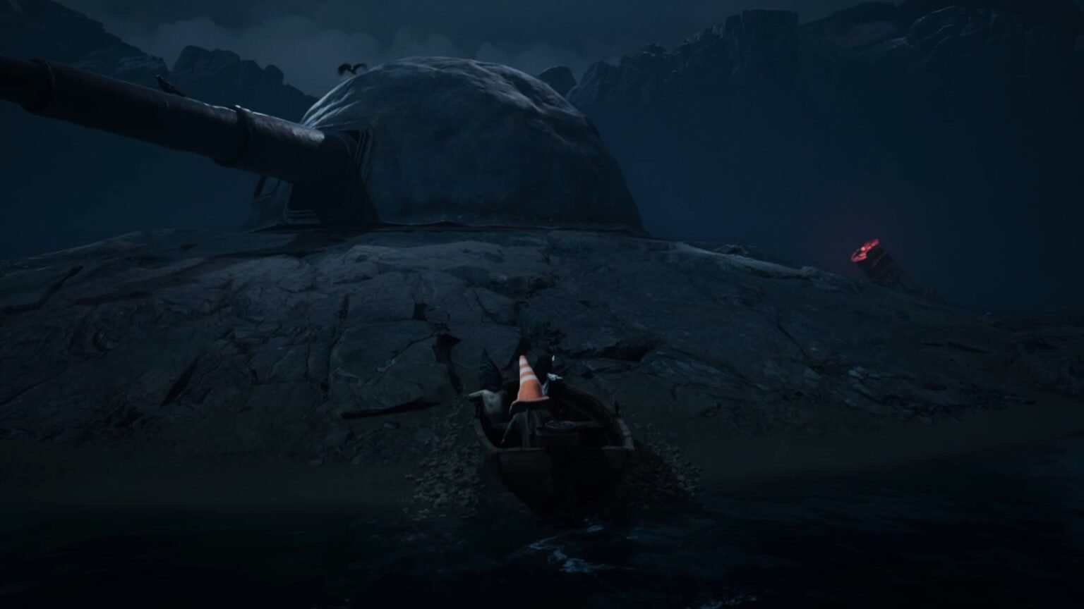 Characters approaching a large cannon from the boat in Reanimal
