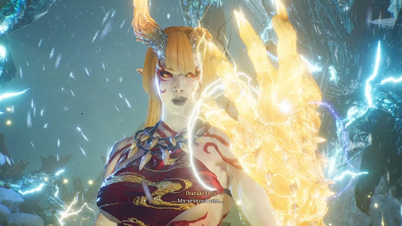Ibaraki Doji holding her lightning hand up in Nioh 3