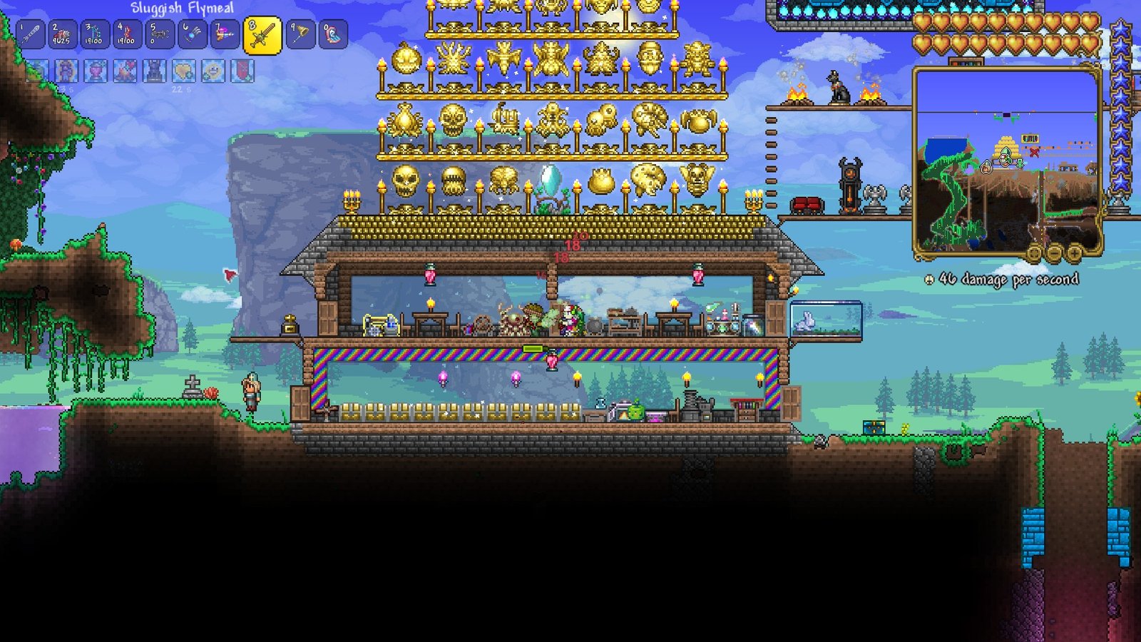 Terraria 1.4.5 player killing the guide with the Flymeal weapon.