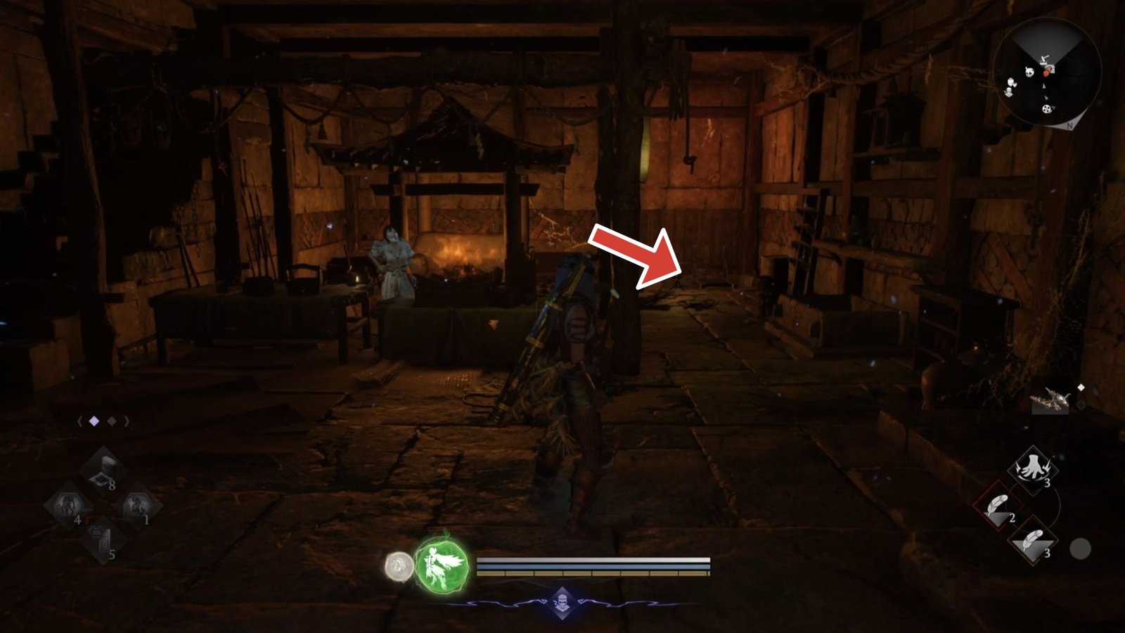 Arrow pointing to the ladder that leads to Tatsumaro the Dung Lover in Nioh 3