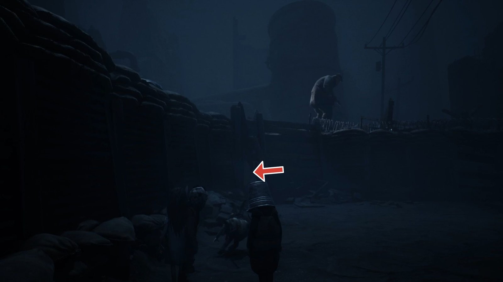 Arrow pointing to a hole in the trench that leads to hidden statue in Reanimal