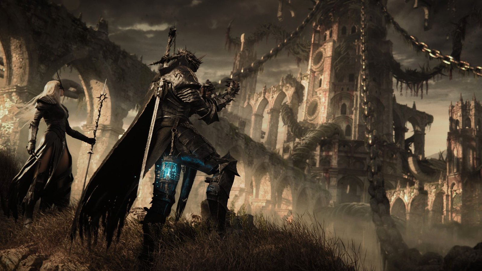 Lords of the Fallen 2 promotional image showing two characters in front of a large building