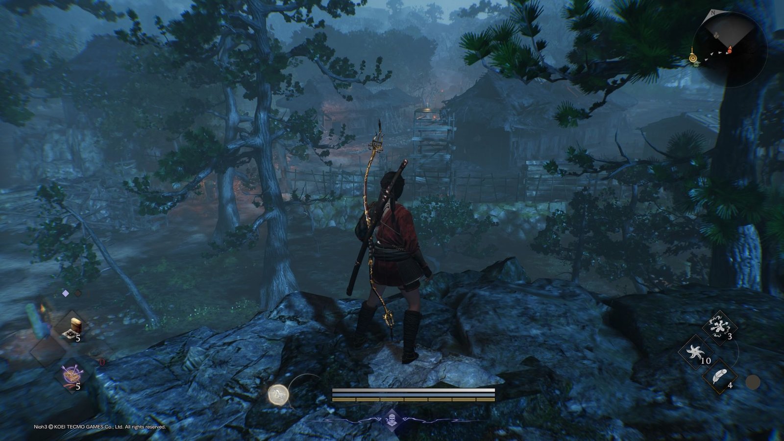 Character overlooking a village in Nioh 3