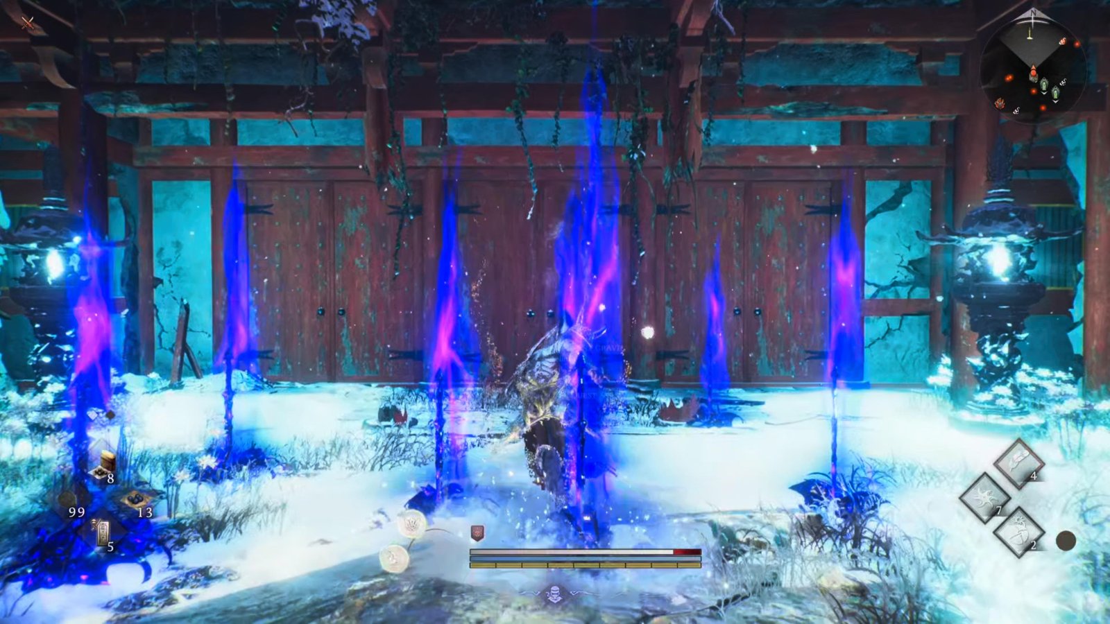Nioh3 warrior running through red doors