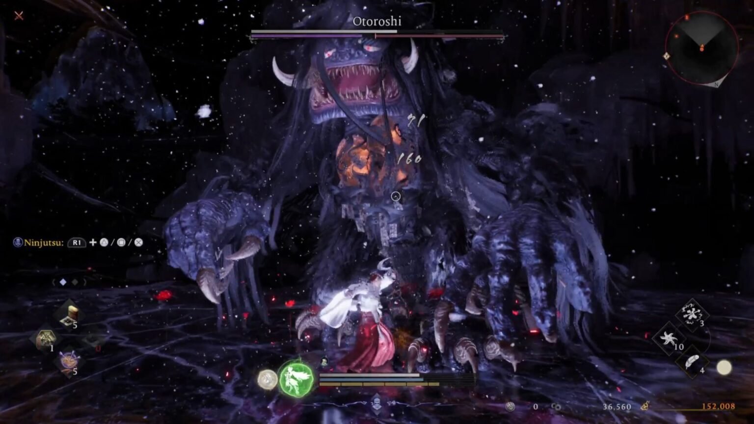 Player fighting the Otoroshi boss in Nioh 3