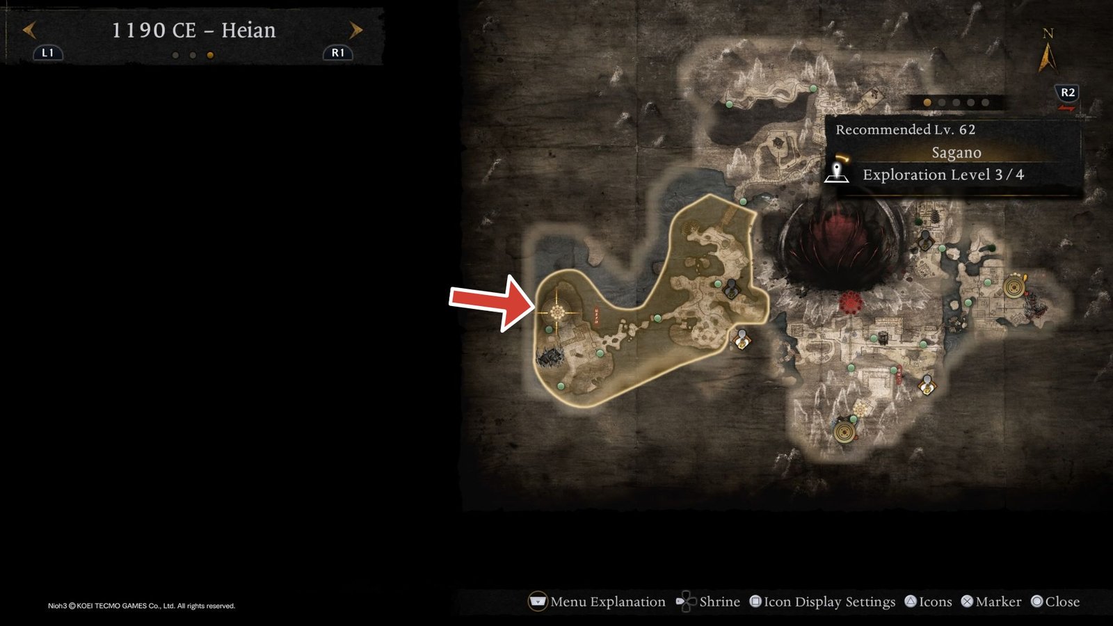 Nioh 3 map showing the location of Otoroshi boss