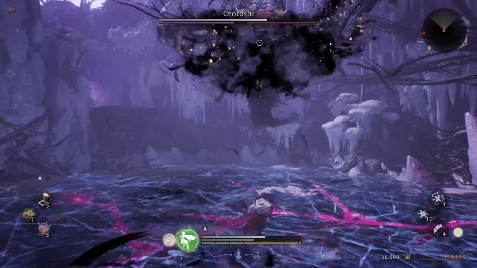 Otoroshi flying in the air to do a grab attack in Nioh 3