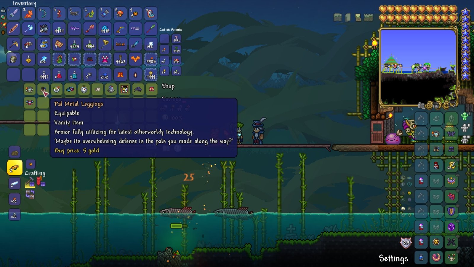 Buying the Palworld Crossover Vanity Set, Pal Metal Armor, from the Travelling Merchant in Terraria.