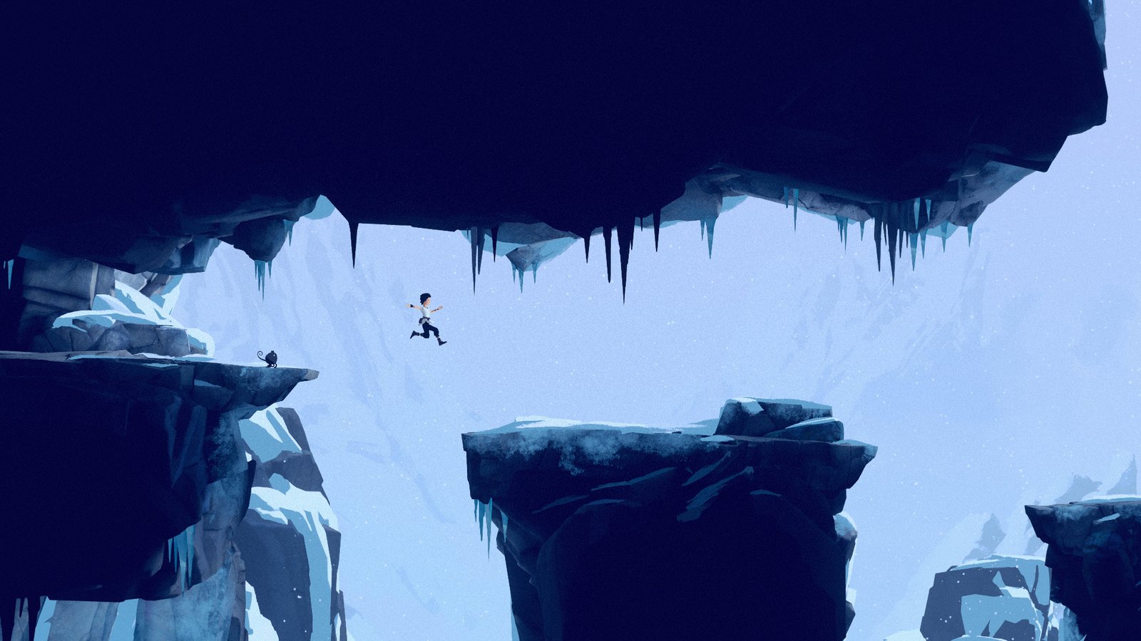 Boy Jumping across snowy cliff, Planet of Lana 2 gameplay screenshot