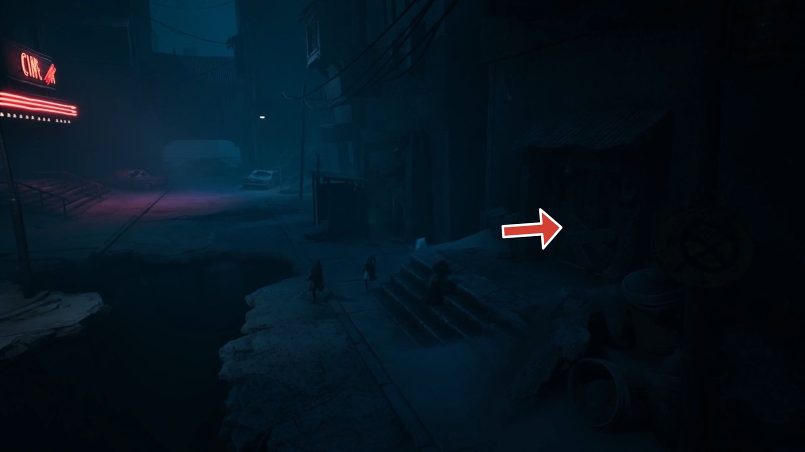 Arrow pointing to a plank door that leads to a critter in Reanimal