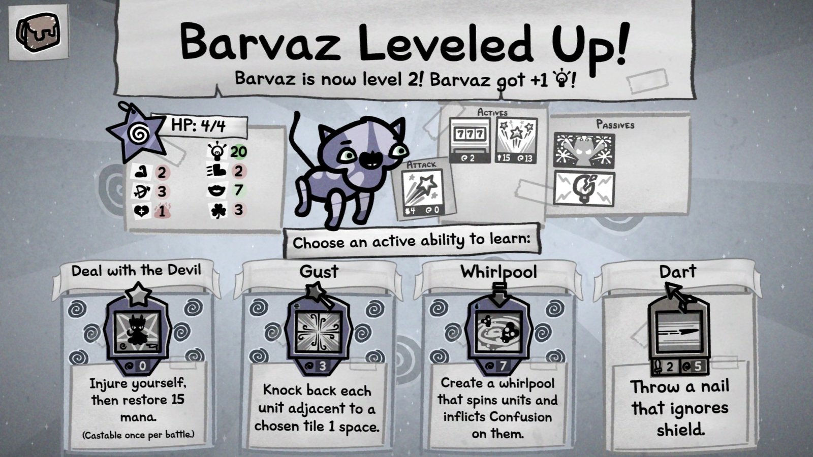 The levelup screen in Mewgenics