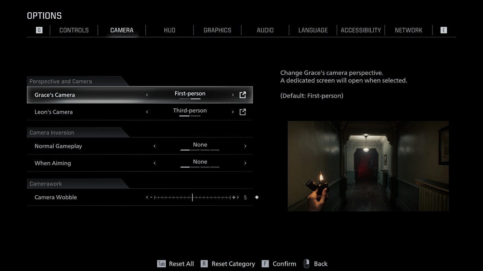RE9 camera options and settings