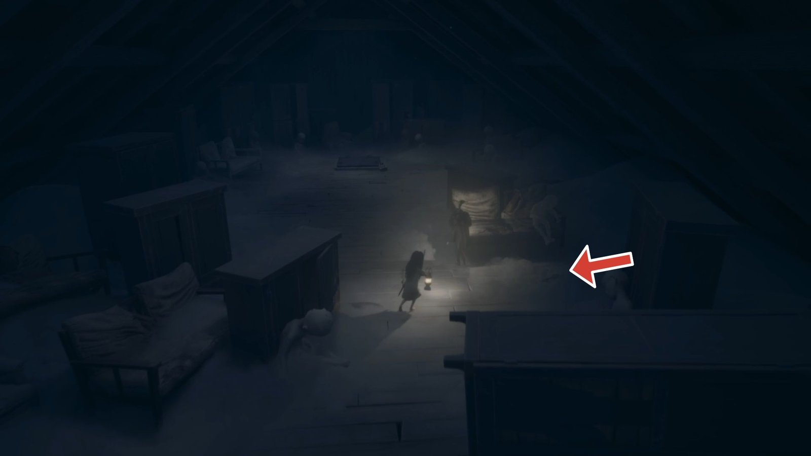 Image with red arrow pointing to the key to the floor hatch in the attic Reanimal