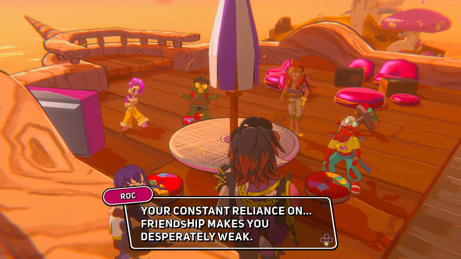 Screenshot of Roc in Demon Tides, saying "Your constant reliance on... friendship makes you desperately weak."
